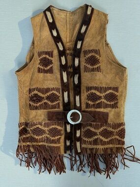 Vintage Suede Fringe Vest Small Western Boho Belted Collectible Tan Brown
